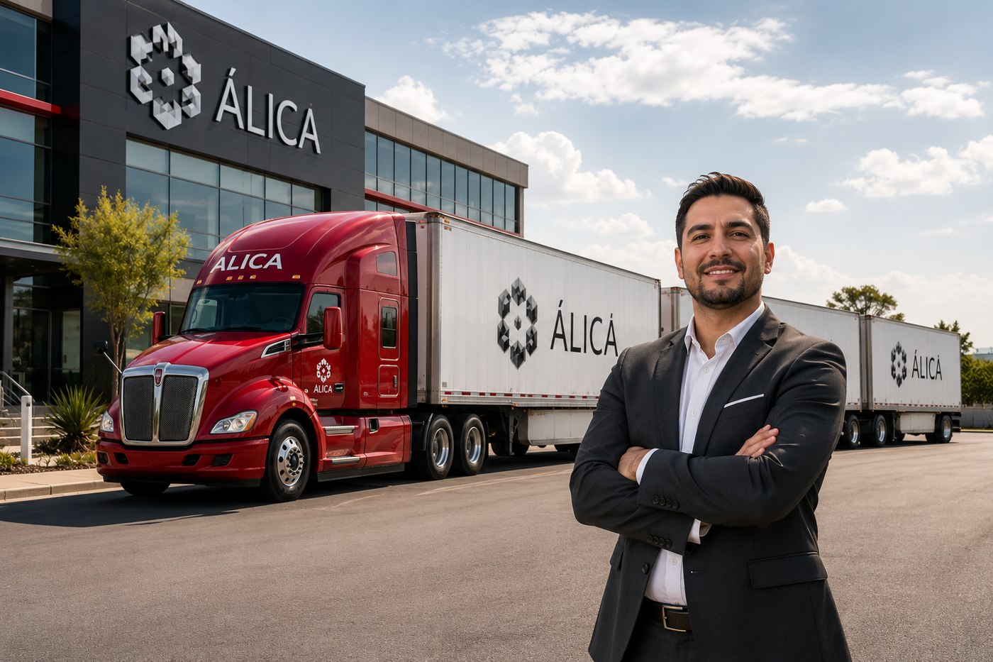 Ejecutivo comercial frente a tractocamión y remolques de Álica